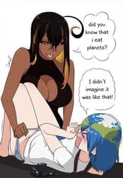 2girls bad_grammar big_breasts black_dress black_hair black_hole black_hole_chan blue_hair blue_panties blush blushing camera chocolate_and_vanilla cleavage cleavage_cutout cute dark dark-skinned_female dark_skin dress earth-chan embarrassed english_text eyes_closed female_only femdom femsub green_hair grin hair iaranaika implied_sex legs_together lesbian light-skinned_female light_skin long_hair m87_black_hole messy_hair multicolored_hair multiple_girls nasa nipple_bulge nipples_visible_through_clothing no_bra no_pants on_back orange_eyes small_breasts standing t-shirt text trembling two_tone_hair white_background yuri