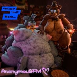 1:1 3d_(artwork) animatronic anonymousfm anthro balls bear belly big_belly big_moobs bonnie_(fnaf) bow_tie cheese clothing dairy_products dialogue digital_media_(artwork) duo english_text erection feeding five_nights_at_freddy's food freddy_(fnaf) genitals hat headgear headwear hi_res huge_belly humanoid_genitalia humanoid_penis hyper hyper_belly hyper_moobs lagomorph leporid machine male male/male mammal moobs morbidly_obese morbidly_obese_anthro nipples nude obese obese_anthro obese_male open_mouth overweight overweight_anthro overweight_male penis pizza rabbit robot scott_cawthon scottgames smile text thick_thighs weight_gain wide_hips