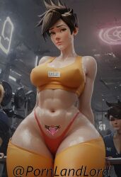 ai_generated ass big_ass big_breasts big_butt gym gym_uniform lena_oxton overwatch overwatch_2 pornlandlord pussy solo sweating tracer