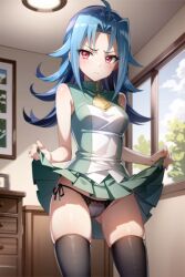 ai_generated blue_hair blush clothing female kamishiro_rio legwear long_hair osyasenpai panties red_eyes rio_kamishiro school_uniform skirt_up solo thick_legs underwear yu-gi-oh! yu-gi-oh!_zexal