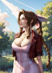 1girls aerith_gainsborough ai_generated alternate_breast_size big_breasts blue_eyes bow breasts brown_hair cleavage cleavage_overflow cropped_jacket dress female female_only final_fantasy final_fantasy_vii forest hairbow jacket large_breasts leather_jacket long_hair looking_away necklace ponytail sidelocks solo solo_female tampopo