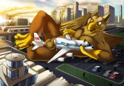 aircraft airplane airport anthro avian balls bigdarkfluff brown_body brown_eyes brown_fur car carpo city claws cum destruction feathered_wings feathers genital_fluids genitals gryphon macro male male_only micro penis rampage solo talons testicles vehicle vehicle_destruction wings