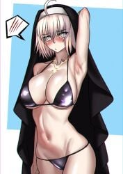 ahoge arm_up armpits artist_request bikini bikini_bottom bikini_top black_bikini black_bikini_bottom black_bikini_top blush breasts fate/grand_order fate_(series) golden_necklace jeanne_alter light-skinned_female light_skin looking_away navel necklace nun nun's_habit tagme thighs