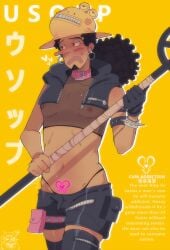 belt_collar blush bulge bulge_through_clothing collar embarrassed fetaccine male_breasts male_only mesh_shirt nervous one_piece pubic_tattoo see-through_clothing serving_cunt_tbh short_shorts tattoo thighhighs usopp