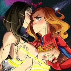 <3 2019 2girls areola areolae armband armor armpit armpits aroused big_breasts black_hair blonde blonde_hair blush blushing bracelet breasts busty captain_marvel carol_danvers clothing confident crossover crown dated dc_comics diana_prince embarrassed eyelashes female female_only heart-shaped_pupils highres horny lasso lasso_of_truth lips long_hair looking_at_partner marvel medium_breasts multiple_girls muscular muscular_arms muscular_female nails nervous nipples painted_nails partially_clothed sexually_suggestive sideboob signature smile smiling smug space space_background sweat tied tied_up topless upper_body voluptuous wallaceilustra wonder_woman wonder_woman_(series) worried yellow_eyes yuri