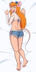 absurd_res anthro bed bed_sheet bedding breasts chip_'n_dale_rescue_rangers clothed clothing dakimakura disney exposed female furniture gadget gadget_hackwrench gemerency genitals hi_res invalid_tag looking_back nude pussy signature skimpy suggestive text