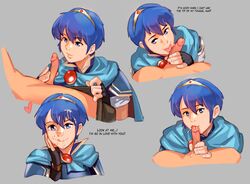 2boys armor blue_cape blue_eyes blue_hair brooch cape collar cum cum_in_hair cum_in_mouth cum_on_face cum_on_nose cute dialogue eyebrows_visible_through_hair faceless_male fellatio fingernails fire_emblem fire_emblem:_mystery_of_the_emblem fire_emblem:_shadow_dragon_and_the_blade_of_light gloves hand_on_cheek heart highres licking_lips licking_penis lips looking_at_viewer male male_only marth_(fire_emblem) nintendo pants_down penis penis_grab penis_lick royalty saliva teeth text thirnz thirnzzz tongue tongue_out yaoi