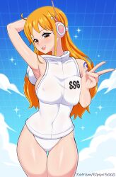 1girls bare_arms bare_legs bare_shoulders bare_thighs big_breasts clothed clothing color elpipe3000 female female_focus female_only headphones hi_res large_breasts light-skinned_female light_skin long_hair looking_at_viewer nami nami_(one_piece) nipples_visible_through_clothing one_piece one_piece:_egghead_arc orange_eyes orange_hair post-timeskip shounen_jump solo solo_female tagme tattoo thick_thighs