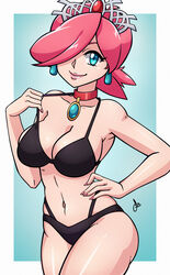 1girls aqua_eyes bikini black_bikini black_bra black_panties bra breasts brooch choker cleavage collar dmy-gfx earrings female female_only final_fantasy hair_over_one_eye looking_at_viewer mario_(series) mario_hoops_3_on_3 nail_polish navel nintendo panties pink_hair short_hair smile solo strap_pull tiara underwear underwear_only white_mage white_mage_(mario)