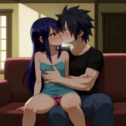 1boy 1boy1girl 1girls ai_generated black_hair blush brown_eyes clothed couple dark_blue_hair exposed_panties fairy_tail gray_fullbuster kissing low_light older_male petite_body petite_female pink_panties room seated sofa wendy_marvell younger_female