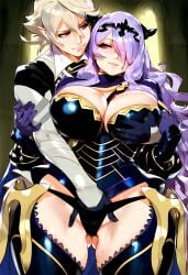 ai_generated armor ass_visible_through_thighs blonde_hair camilla_(fire_emblem) cape cleavage clothed clothing corrin_(fire_emblem) corrin_(fire_emblem)_(male) fingering fire_emblem fire_emblem_fates fondling fondling_breast groping hand_on_breast huge_breasts lsjsim128 naughty_face nintendo panties pointy_ears purple_eyes purple_hair red_eyes thick_thighs tiara