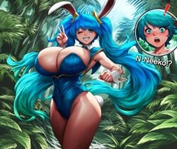 ai_generated alternate_costume blush breasts_bigger_than_head bunny_ears bunny_girl bunnysuit cleavage clothed clothed_female english_text exclamation_mark exposed_legs gigantic_breasts grin hourglass_figure huge_breasts jungle league_of_legends massive_ass neeko peace_sign shapeshifter shocked shocked_expression smile sona_buvelle wide_hips wink