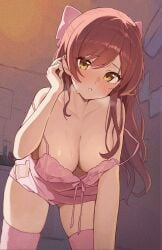 artist_request bedroom blush chestnut_mouth cleavage crawling grainy huge_breasts idolmaster idolmaster_shiny_colors in_heat looking_at_viewer low-angle_view nightgown osaki_amana pink_nightgown pov see-through strap_slip sweaty_breasts thighhighs useless_clothing