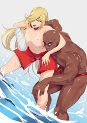 1boy 1girls bald binbougami_ga! blonde_hair bobby_statice cast dark-skinned_male flat_chest hair_over_one_eye headlock lactation long_hair momiji_(binbougami_ga!) nipples public public_nudity size_difference small_breasts speedo stormcow swimming_trunks tanline topless unaware water