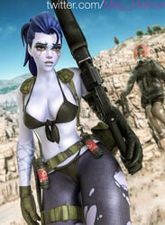 1girls 3d amelie_lacroix blizzard_entertainment bra breasts cosplay female female_only magmallow metal_gear_solid metal_gear_solid_v overwatch psycho_mantis quiet_(metal_gear)_(cosplay) sniper_rifle solo standing tights underwear widowmaker yellow_eyes