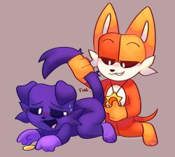 catnip_(pachi_rizuu) critters_(poppy_playtime) dogdaze_(pachi_rizuu) ferriswheel87 furry_only no_humans orange_body orange_fur orange_skin poppy_playtime poppy_playtime_(chapter_3) purple_body purple_fur purple_skin simple_background simple_shading smiling_critters thumb_in_ass thumbs_up