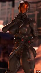 1girls 3d armor atsuko_(artist) big_ass big_breasts bodysuit breasts chinese_stealth_suit clothed clothing cowboy_shot faceless_female fallout fallout_4 female female_only firearm gloves gun handgun helmet human large_breasts latex looking_at_viewer original_character pistol skin_tight skintight solo standing suppressor text thick_thighs tight_clothing watermark weapon