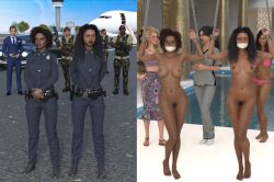 3d 4girls 5girls before_and_after bikini black_hair blonde_hair bondage bound_wrists cloth_gag clothed_female_nude_female dark-skinned_female dark_skin gag gagged getyourclothesoff multiple_boys multiple_girls original pink_bikini police police_uniform police_woman swimsuit