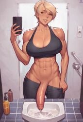 1futa abs ai_generated athletic athletic_futanari balls big_breasts big_penis blonde_hair breasts cum cumming dark_skin dickgirl ejaculation erect_penis erection futa_only futanari holding_phone just_a_silly_goose large_breasts looking_at_viewer medium_hair mirror mirror_selfie muscular muscular_futanari navel pants pants_down partially_nude penis phone ponytail pulling_down_pants seductive seductive_smile selfie smile solo solo_futa sports_bra standing sweat tan tan_body tanned testicles toned yellow_eyes