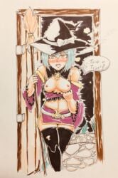 alternate_costume belka beruka_(fire_emblem) beruka_adon blue_hair breasts_out broom door english_text female fire_emblem fire_emblem_fates fire_emblem_heroes halloween halloween_costume handdrawn medium_breasts nipples open_door short_hair silver_eyes trick_or_treat witch yrus