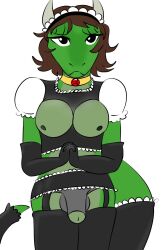 accessory anthro argonian armwear balls bottomwear brown_hair clothed clothing cock_sock collar elbow_gloves flaccid footwear frilly frilly_clothing furgonomics garter gem genitals gloves gold_(metal) gold_collar green_body green_scales gynomorph hair handwear hi_res horn intersex legwear maid_headdress maid_uniform metal_collar midriff miniskirt nel-tei_(golddrake) penis penis_clothing ruby_(gem) scales scalie skimpy skirt socks solo tail tail_clothing tail_sleeve the_elder_scrolls thigh_highs tomasyri uniform