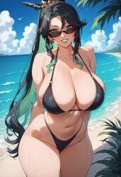 1girls ai_generated arms_behind_back beach bikini black_bikini bombacopta cloud_retainer_(genshin_impact) genshin_impact grin hair_ornament huge_breasts mature_female multicolored_hair sunglasses thick_thighs xianyun_(genshin_impact)