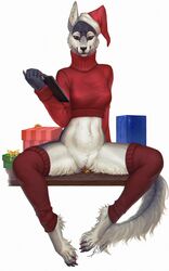 2018 anthro bottomless canid canine christmas claws clitoris clitoris_piercing clothed clothing daryabler female fur genital_piercing gift hat headgear headwear hi_res holidays leg_warmers legwear looking_at_viewer mammal pawpads piercing pussy pussy_piercing santa_hat simple_background sitting smile solo thigh_highs turtleneck_sweater white_background