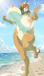 anthro beach big_breasts bikini breasts camel_toe canid canine canis clothing collar curvaceous domestic_dog female heart huge_breasts hyper hyper_breasts june_(jinu) mammal nipples open_mouth opqhlak outside puffy_nipples seaside shiba_inu sling_bikini smile solo spitz swimwear thick_thighs