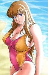 ass beach big_breasts blue_eyes breasts brown_hair bubble_butt busty cleavage dead_or_alive dead_or_alive_xtreme_beach_volleyball erect_nipples female female_focus female_only garakuta-ya hitomi_(doa) hourglass_figure large_breasts long_hair nipple_bulge one-piece_swimsuit outdoors outside pinup pinup_pose swimsuit tagme thong_one-piece_swimsuit thong_swimsuit wide_hips