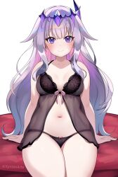 :) arm_support belly black_nightgown closed_mouth hololive hololive_english hololive_english_-advent- koseki_bijou large_thighs medium_breasts navel negligee sitting smile thick_thighs twitter_username virtual_youtuber watermark wide_hips xynian