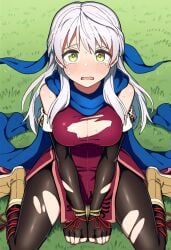 1girls ai_generated bare_shoulders black_tights blue_scarf blush bound_wrists cleavage crying defeat defeated defeated_heroine elbow_gloves fire_emblem fire_emblem:_radiant_dawn golden_eyes imminent_rape imminent_sex kneeling legs legs_apart looking_at_viewer medium_breasts micaiah_(fire_emblem) novelai open_mouth pov scarf self_upload tearing_up tights torn_clothes torn_legwear torn_tights white_hair yellow_eyes