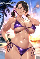 1girls ai_generated alterism beach big_breasts bikini blush bracelet brown_hair cattleya chubby cleavage curvaceous curvy curvy_figure eyewear female_focus glasses glistening green_eyes groin hair_ornament jewelry large_breasts light-skinned_female light_skin long_hair looking_at_viewer naughty_face navel ocean outdoors purple_bikini queen's_blade shiny_skin skindentation smile standing sunset wet wide_hips