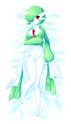 bed blush bob_cut breasts cleft_of_venus colored_skin dakimakura_(medium) dress female gardevoir green_hair green_skin hair_over_one_eye highres multicolored_skin navel pokemon pokemon_(species) pussy red_eyes tanpopo_hayabusa-maru two-tone_skin white_dress white_skin