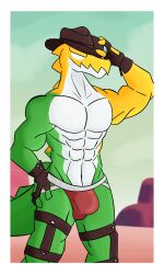 alligator anthro anthro_only biceps bulge cloted clothing cowboy cowboy_hat crocodile crocodilian crocodylid glitch_productions green_body green_scales green_skin gummigoo_(the_amazing_digital_circus) hat male male_only solo some_shiba sun the_amazing_digital_circus underwear