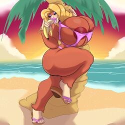 1girls anthro banana barely_clothed beach big_ass big_breasts blonde_hair blue_eyes bra candy_kong donkey_kong_(series) exposed_breasts food_play hi_res huge_breasts implied_fellatio implied_oral inviting inviting_to_sex inviting_to_suck large_areolae leg_up looking_at_viewer mascara nintendo nipples nipples_visible_through_clothing overflowing_breasts palm_tree panties pillowymounds pink_lips pink_lipstick pink_toenails pinup_pose primate saliva sandals smile solo thick_thighs tight_clothing wide_hips