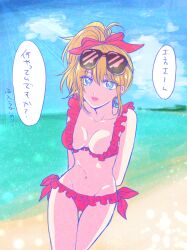 aikawa_(pixiv) arms_behind_back beach bikini blonde_hair blue_eyes canon_genderswap cleavage earrings female female_only frills genderswap_(mtf) gintama hair_ribbon hoop_earrings long_hair looking_at_viewer medium_breasts okita_sougo okita_souko pink_bikini ponytail rule_63 side_ponytail solo sunglasses sunglasses_on_head