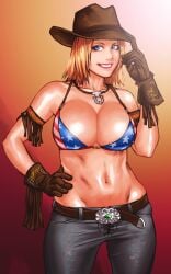 armlet athletic athletic_female bare_midriff big_breasts blonde_hair blue_eyes breasts busty cleavage cowboy_gloves cowboy_hat cowgirl dead_or_alive draghignazzo female female_focus female_only gloves hat hourglass_figure large_breasts lipstick long_hair makeup navel necklace pants tagme tina_armstrong wide_hips