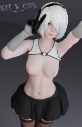 3d abs armwear beauty_mark blue_eyes blue_eyes_female breasts gloves kit_s_une light-skinned_female midriff navel nier:_automata peace_sign selfie skirt stockings tagme white_hair yorha_2b