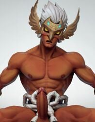 ai_generated blush brown_skin eye_mask kaja_(mobile_legends) looking_at_viewer male male_only mlbb mobile_legends mobile_legends:_bang_bang open_mouth penis shy sitting stable_diffusion teeth white_hair