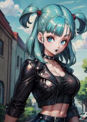 1girls ai_generated alternate_costume bangs belt big_breasts black_lipstick blue_eyes blue_hair blunt_bangs breasts bulma_briefs choker cleavage collar crop_top cropped_jacket dragon_ball dragon_ball_super dragon_ball_z female female_only hair_tie jacket large_breasts leather_jacket lipstick looking_away medium_hair midriff navel outdoors outside plaid_skirt punk punk_girl rolled_up_sleeves short_jacket skirt solo solo_female spiked_collar stable_diffusion tampopo toned toned_female twintails twintails_(hairstyle)