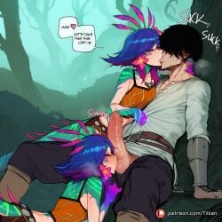 1boy ai_generated artist_name balls bare_shoulders black_hair black_pants blue_hair blush breasts closed_eyes collarbone colored_skin english_text erection fellatio female flipped_hair flower forest green_skin hair_flower hair_ornament hand_on_another's_neck heart kissing large_penis league_of_legends lizard_tail male medium_hair monster_girl multicolored_hair nature neeko oral outdoors pants patreon_logo patreon_username penis pink_hair pink_skin reptile_girl saliva shirt short_hair sitting speech_bubble straight tail testicles tillian tongue tree uncensored veins veiny_penis
