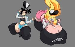 2girls blonde_hair bottom_heavy breasts cassie_(theycallhimcake) cleavage female huge_breasts multiple_girls thick_thighs thighs top_heavy wolfafterhours