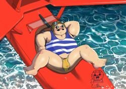 2023 aircraft airplane anthro aviator_cap belly bulge clothing detailed_background domestic_pig eyewear facial_hair feet hi_res kemono male male_focus male_only mammal marco_pagot moustache overweight overweight_male porco_rosso shibaxiao shirt solo suid suina sunglasses sus_(pig) topwear underwear vehicle water