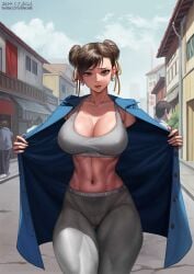 1girls abs blue_jacket breasts brown_eyes brown_hair chun-li clothes_writing collarbone copyright_name double_bun earrings elleciel.eud english_commentary exhibitionism female flashing grey_pants grey_sports_bra hair_bun highres human jacket jewelry large_breasts looking_at_viewer navel open_clothes open_jacket open_mouth outdoors pants public_indecency road solo_focus sports_bra street street_fighter swept_bangs thick_thighs tight_clothes tight_pants yoga_pants