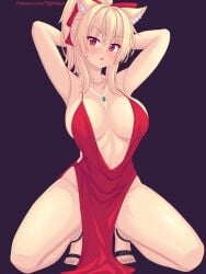 1girls blonde_hair breasts cat_ears catgirl cleavage dress female hips kneeling large_breasts light-skinned_female light_skin long_hair red_dress red_eyes tiffy tiffynyaa wide_hips