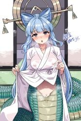 :o absurdres blue_hair breasts breath clothes_lift commission covered_nipples double_bun female hair_bun hair_ornament hair_stick half_updo harigane_shinshi heavy_breathing highres indoors japanese_clothes kimono kimono_lift lamia lifted_by_self long_hair looking_at_viewer monster_girl nihongami nure-onna open_mouth pussy pussy_juice scalie sidelocks skeb_commission snake_girl snake_princess_of_purity solo sweat tatami wet wet_clothes white_kimono youkai yu-gi-oh! yu-gi-oh!_rush_duel