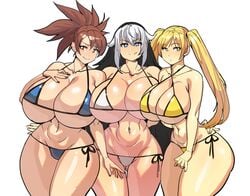 3girls :p arm_around_waist ass_visible_through_thighs big_breasts bigger_than_head black_hair blonde_hair blue_bikini blue_eyes blush breast_comparison breast_size_difference breasts breasts_bigger_than_head brown_eyes brown_hair cleavage eyelashes frown green_eyes highres huge_breasts large_breasts long_hair looking_at_viewer looking_to_the_side maniacpaint multiple_girls nail_polish navel original ponytail seductive short_hair side-tie_bikini simple_background smile standing stella_andersen swimsuit thick_thighs thigh_gap tongue tongue_out twintails two_tone_hair valdis_nystrom very_long_hair white_background white_bikini white_hair yellow_bikini yuki_hellstrom