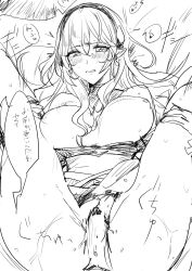 1girls blush breasts breasts_out corrin_(fire_emblem) corrin_(fire_emblem)_(female) earrings female female_only fire_emblem fire_emblem_fates greyscale inviting inviting_to_sex japanese_text large_breasts long_hair monochrome nintendo nipples on_back plow_pose pointy_ears pussy sex solo sou_mei spread_legs text translation_request vaginal_penetration