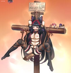 4girls abs absurdres ambiguous_gender azur_lane bit_gag black_hair bondage bound bow breasts cross crossover crucifixion dab_(dance) drooling empty_eyes eudetenis female feral gag gagged game_freak garter_belt garter_straps gate_-_jieitai_ka_no_chi_nite_kaku_tatakaeri girls'_frontline gothic_lolita headgear highres idw_(girls_frontline) kantai_collection lolita_fashion long_hair lumpychan multiple_girls mutsu_(kantai_collection) mutsu_(snail) nintendo nipples pokemon pokemon_sm pussy_juice red_eyes restrained rope rory_mercury saliva san_diego_(azur_lane) simple_background slq small_breasts smol_nozomi spread_legs tears text thick_thighs thighhighs tied_up torn_clothes watermark wide_hips wooden_horse