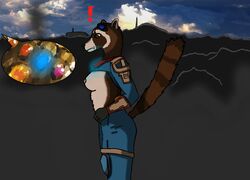 absurd_res anthro anthro_only avengers avengers:_endgame blue_glow brown_eyes brown_fur female female_only firetails furry furry_only goggles guardians_of_the_galaxy infinity_gauntlet jumpsuit leather marvel marvel_cinematic_universe parody procyonid raccoon red_scarf ringtail rocket_raccoon rule_63 shirt_lift surprised